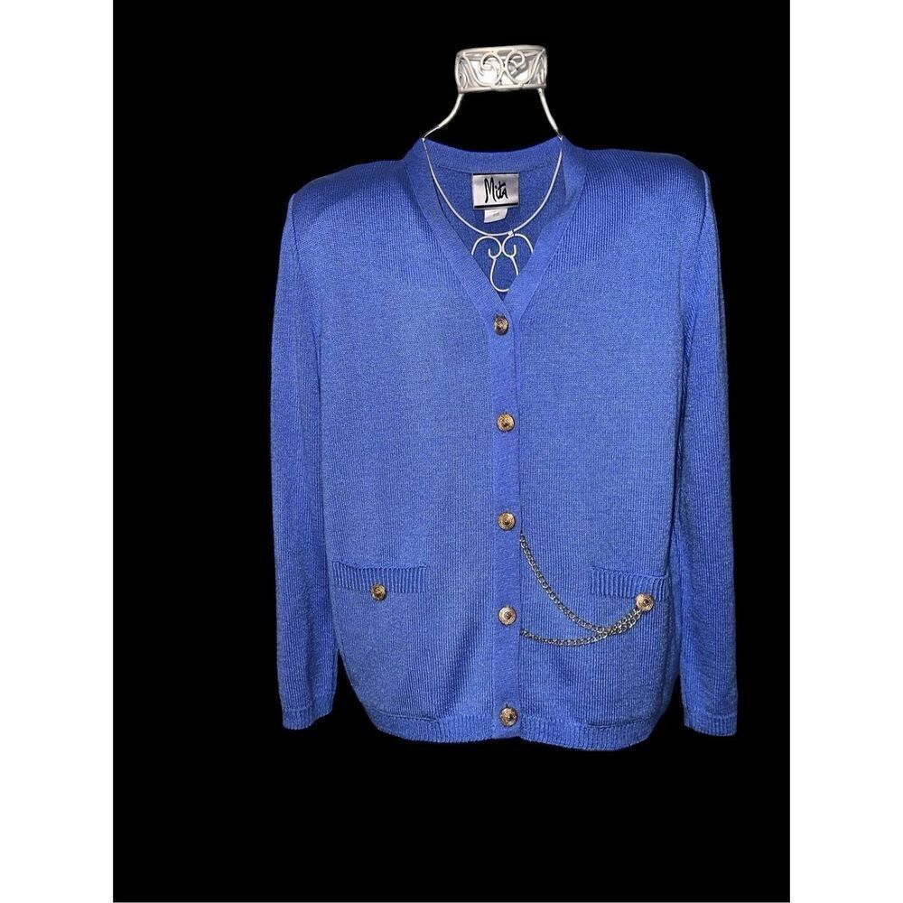 Stunning RARE VINTAGE Y2K MITA Vintage Blue Knit gold button Jacket sweater card